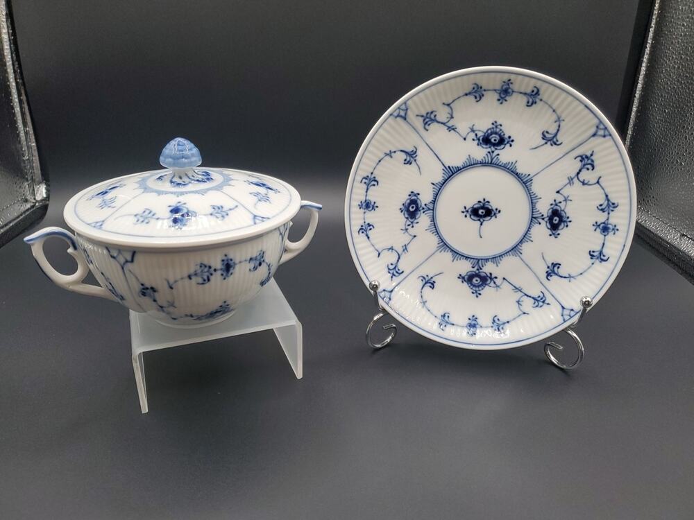 Royal Copenhagen Blue Fluted Half LaceFlat Cream Soup Bowl & Saucer w/Lid